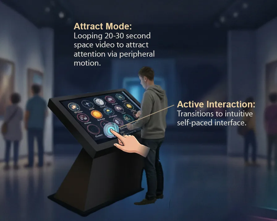 A visitor exploring an interactive museum touchscreen